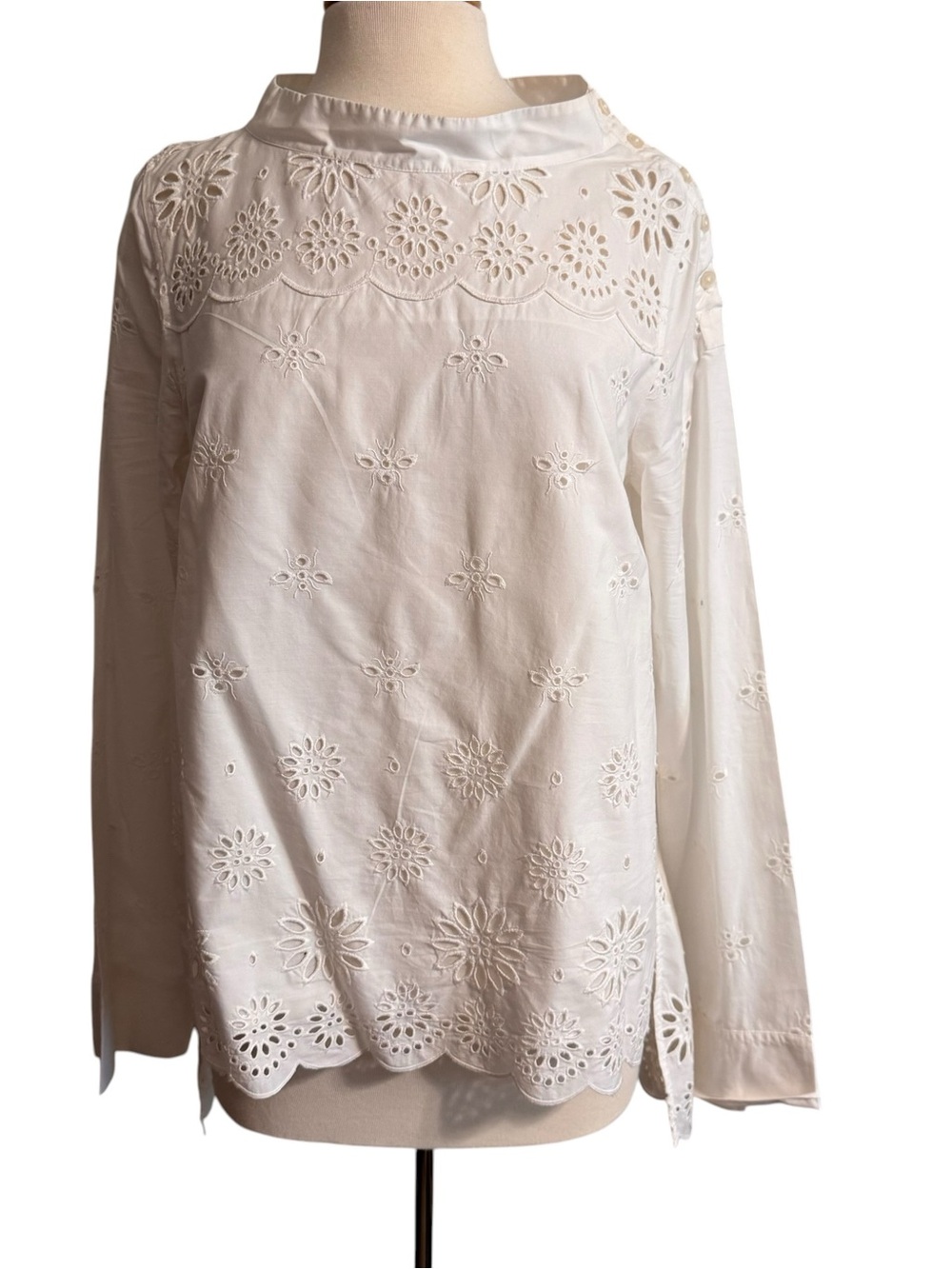 J. Crew White Eyelet Cotton Long Sleeve Funnel Neck Blouse size 8 Tall